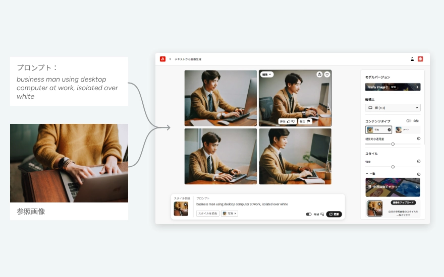 プロンプトと参照スタイルを用いて、参照画像の色合いや雰囲気に近いスタイルの画像を生成するイメージ図