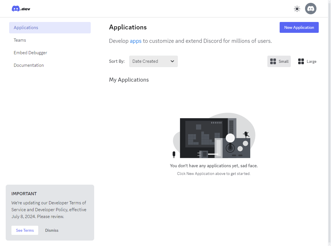 右上のNew Applicationから新規作成。Botのアイコン等も設定ページから変更できる