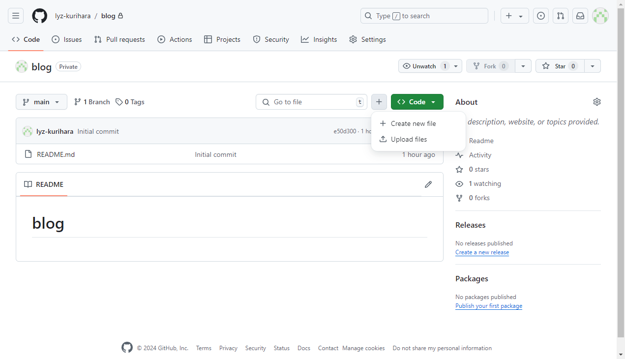 特殊なツールを導入しなくても、右上のCreate new fileから直接ブラウザ上でファイルを作成できる
