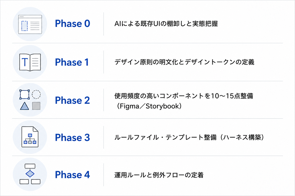 デザインシステム導入の5段階。Phase 0の棚卸しからPhase 4の運用定着まで